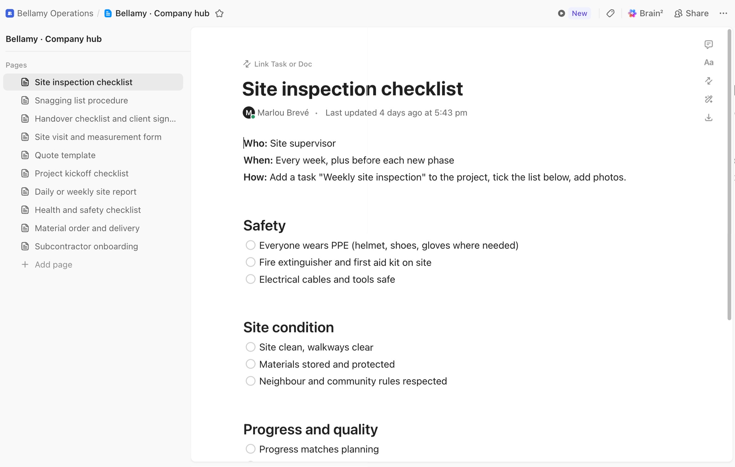 Company hub met 10 checklists, geopend op de site inspection checklist