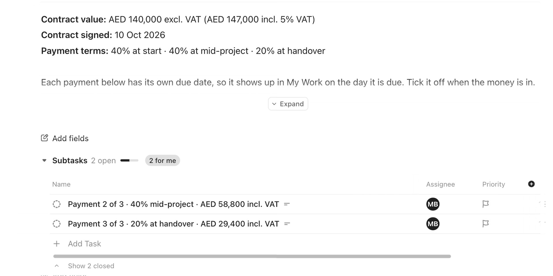 Contract en betalingen met contractwaarde en betalingstermijnen